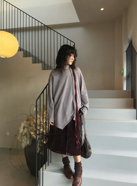 .e1设计师品牌 25冬 酒红色复古丝绒解构A字显瘦气质半裙