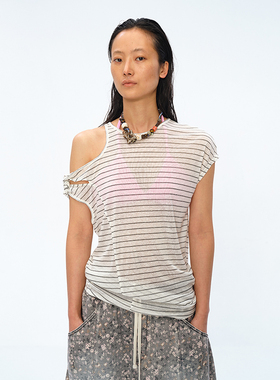 官方授权SquareCircle方圆天丝亚麻条纹三穿露肩宽松原创T恤短袖