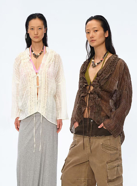官方授权 SquareCircle方圆 亚麻抽绳系带木耳边微透宽松长袖衬衫