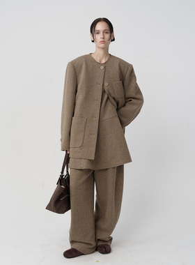 .e1设计师品牌 25冬 极简廓形无领双面呢西装中长款羽绒服外套