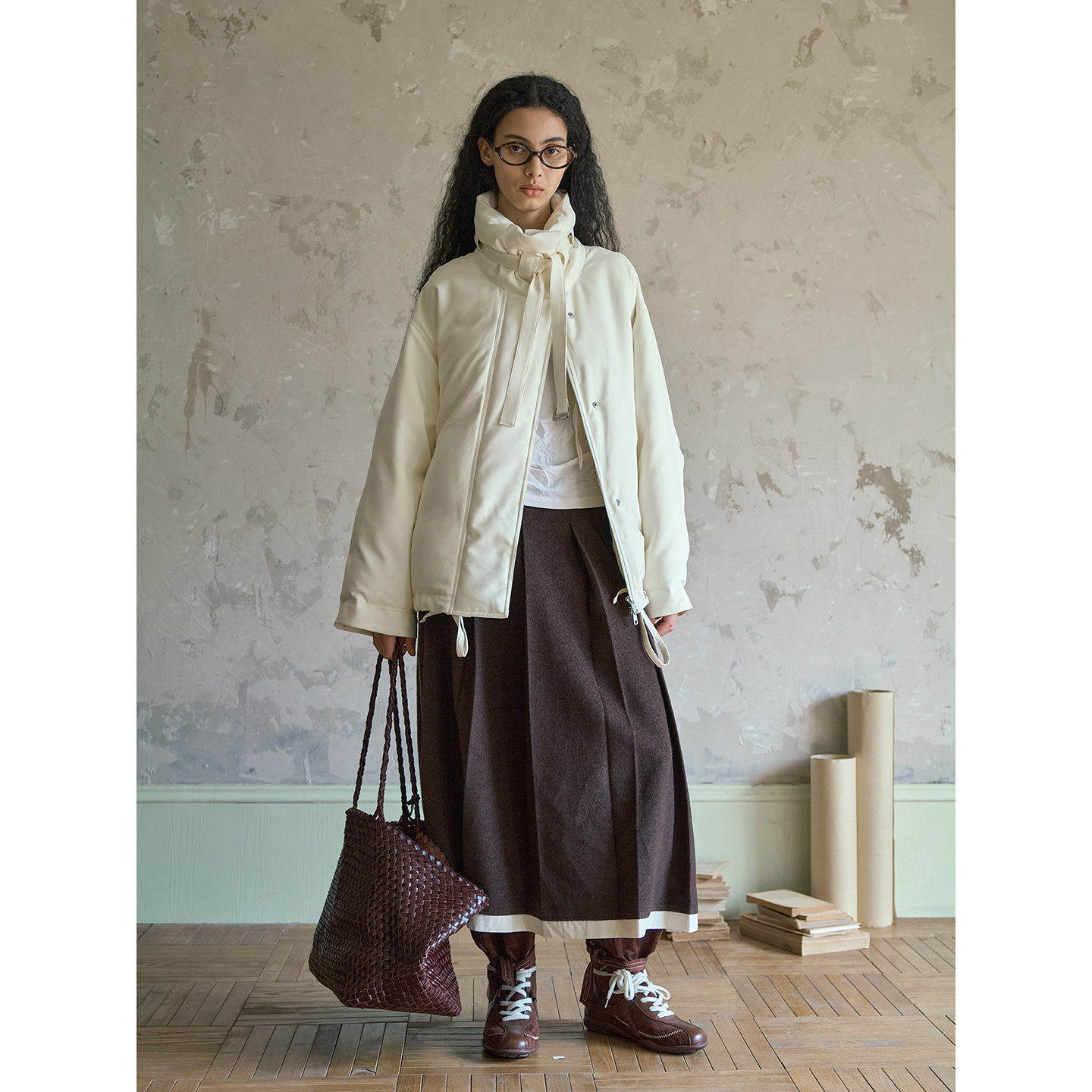 ELEI设计师品牌 25冬 飘带90白鸭绒中空纱廓形工装风羽绒服外套女