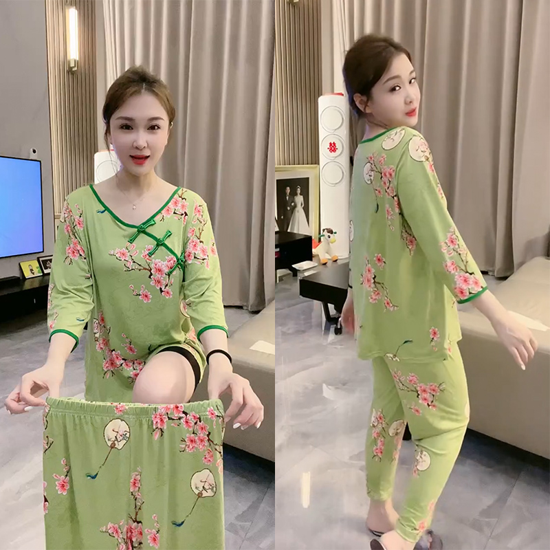 秋季韩版磨毛面料中国风盘扣家居服套装时尚印花休闲宽松长袖睡衣