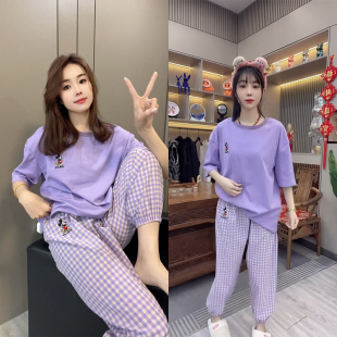 卡通米奇睡衣女家居服套装 套装 格子睡裤 宽松大码 舒适短袖 2025新款