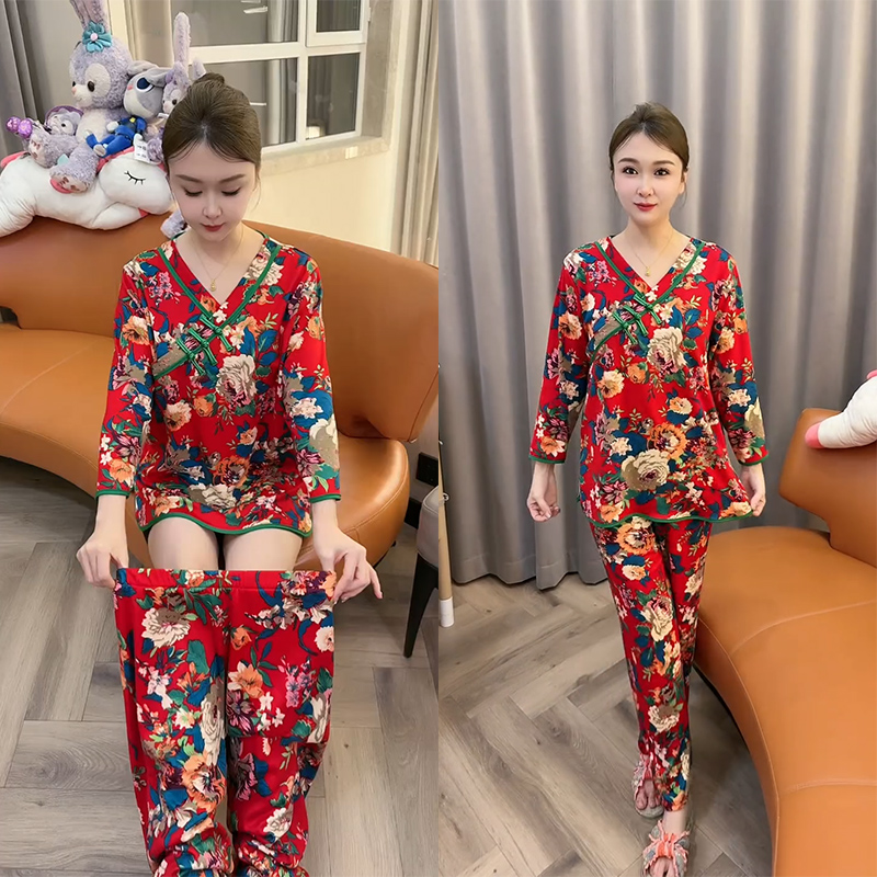 秋冬季复古民族风大花睡衣女网红气质奢华盘扣德绒保暖家居服套装