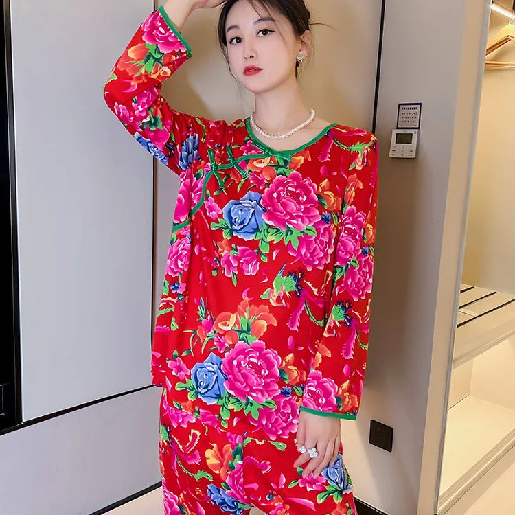 秋冬大花睡衣女套装印花时尚宽松中式大码长袖网红东北大花家居服