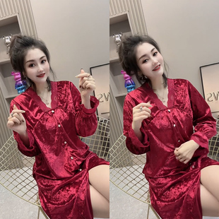 睡裙红色金丝绒显瘦家居服 高级感气质睡衣女蕾丝中长款 春秋款 法式