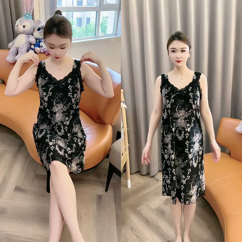 夏季薄款速干睡裙女大码冰冰凉凉舒适洋气时尚印花气质韩版家居服