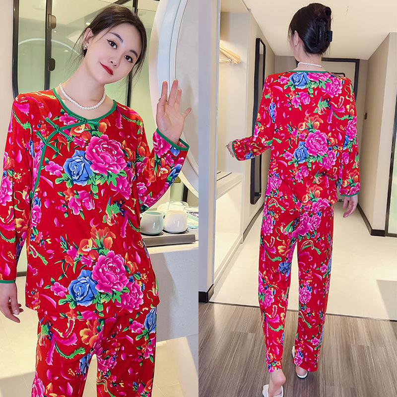 秋季新款特色东北大花睡衣女套装网红同款时尚盘扣民族风家居服