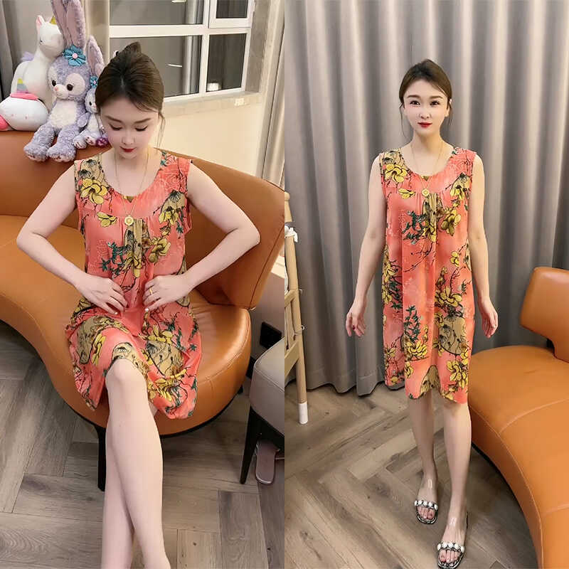 夏季网红薄款冰丝空调睡裙女洋气减龄显瘦遮肉气质大码无袖家居服