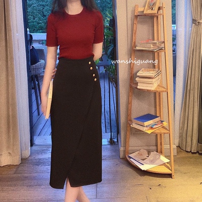 针织短袖时光春夏风酒红黑色