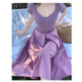 打底女上衣长袖 晚时光 V领豆沙紫短袖 T恤简约时尚 秒杀 法式