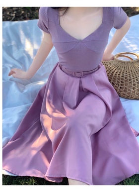 晚时光【秒杀】法式V领豆沙紫短袖T恤简约时尚打底女上衣长袖