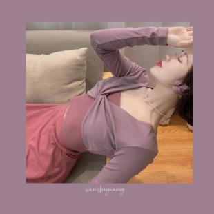 晚时光秒杀 莫兰迪紫色交叉上衣女V领显瘦长袖中袖扭结打底衫夏黑