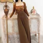 晚时光秒杀 显瘦大长腿咖啡奶黄高腰显瘦阔腿长裤 宫廷油画打底裹胸