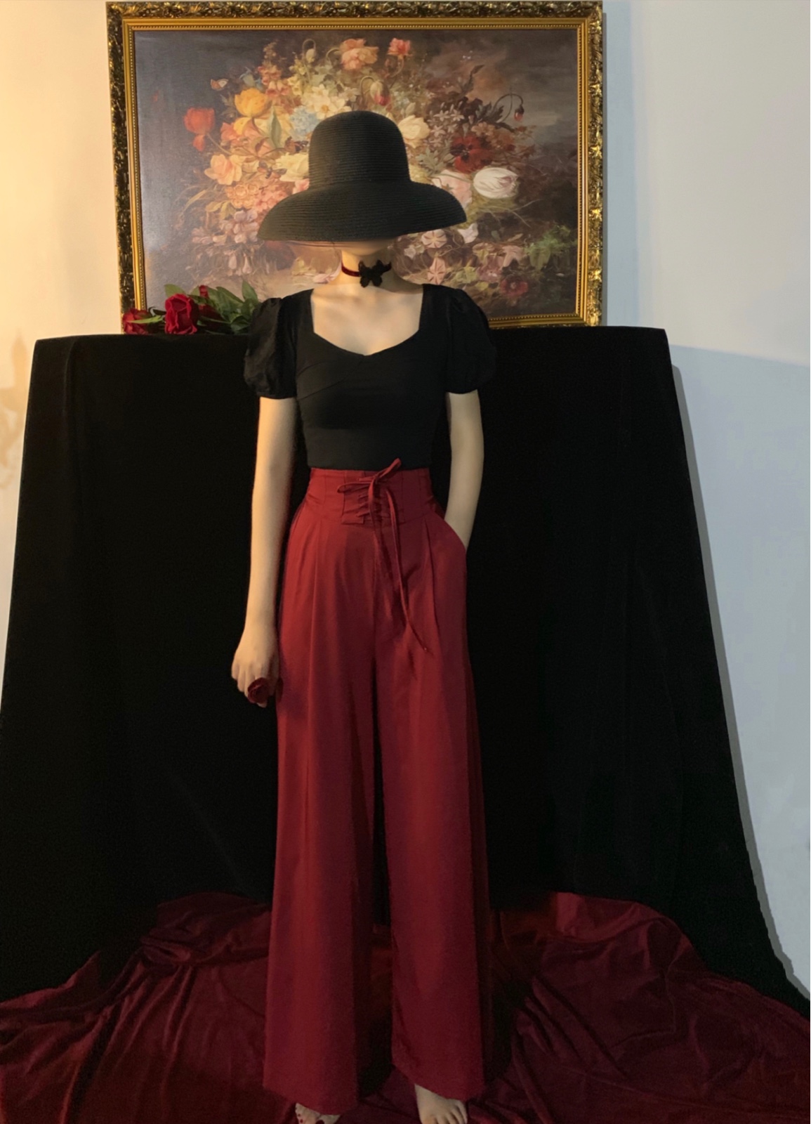 【秒杀回馈】 复古高腰黑色显瘦长裤 酒红色束腰直筒阔腿裤,女装/女士精品,休闲裤,淘宝优惠券,粉丝福利购,淘宝优惠卷