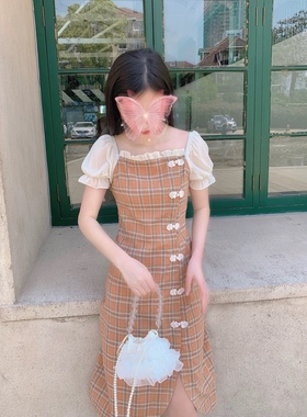 晚时光【秒杀回馈】复古显白甜美一字领短袖改良风旗袍格子连衣裙