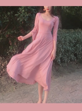 晚时光新款夏 复古温柔粉色七分袖连衣裙大摆裙长裙
