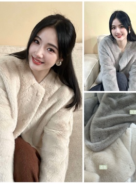 晚时光10.31冬气质灰色仿水貂皮草外套米色圆领宽松显瘦毛毛外套