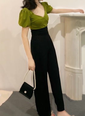 晚时光秒杀 复古显白芥绿色V领女人味泡泡袖显瘦短袖T恤上衣女