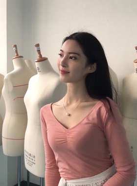 晚时光【秒杀】粉色豆沙紫V领长袖T 酒红芭蕾舞蹈服修身姜黄色t