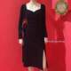 修身 晚时光秒杀 复领短袖 黑色连衣裙女侧开叉漏腿高腰显瘦中长裙