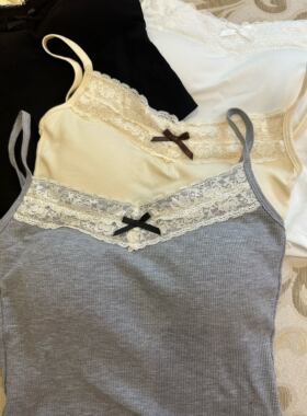 晚时光3.18 含胸垫甜美短款蕾丝吊带蝴蝶结减龄小背心超短款夏