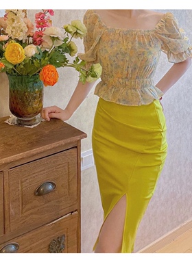 晚时光 【5.31秒杀】显瘦复古高白黄色开叉半身裙 包臀中裙