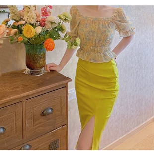 包臀中裙 显瘦复古高白黄色开叉半身裙 晚时光 5.31秒杀