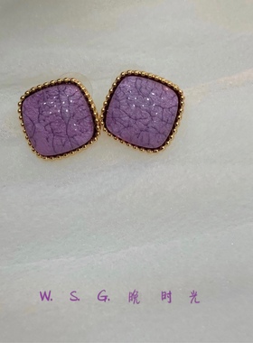 晚时光  绿色优雅宫廷复古方形耳钉 裂纹紫色宝石古董耳钉耳夹