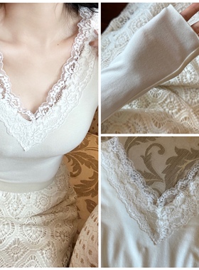 晚时光 10.9 温柔蕾丝v领长袖打底衫衫上衣秋冬温柔米白修身t恤女