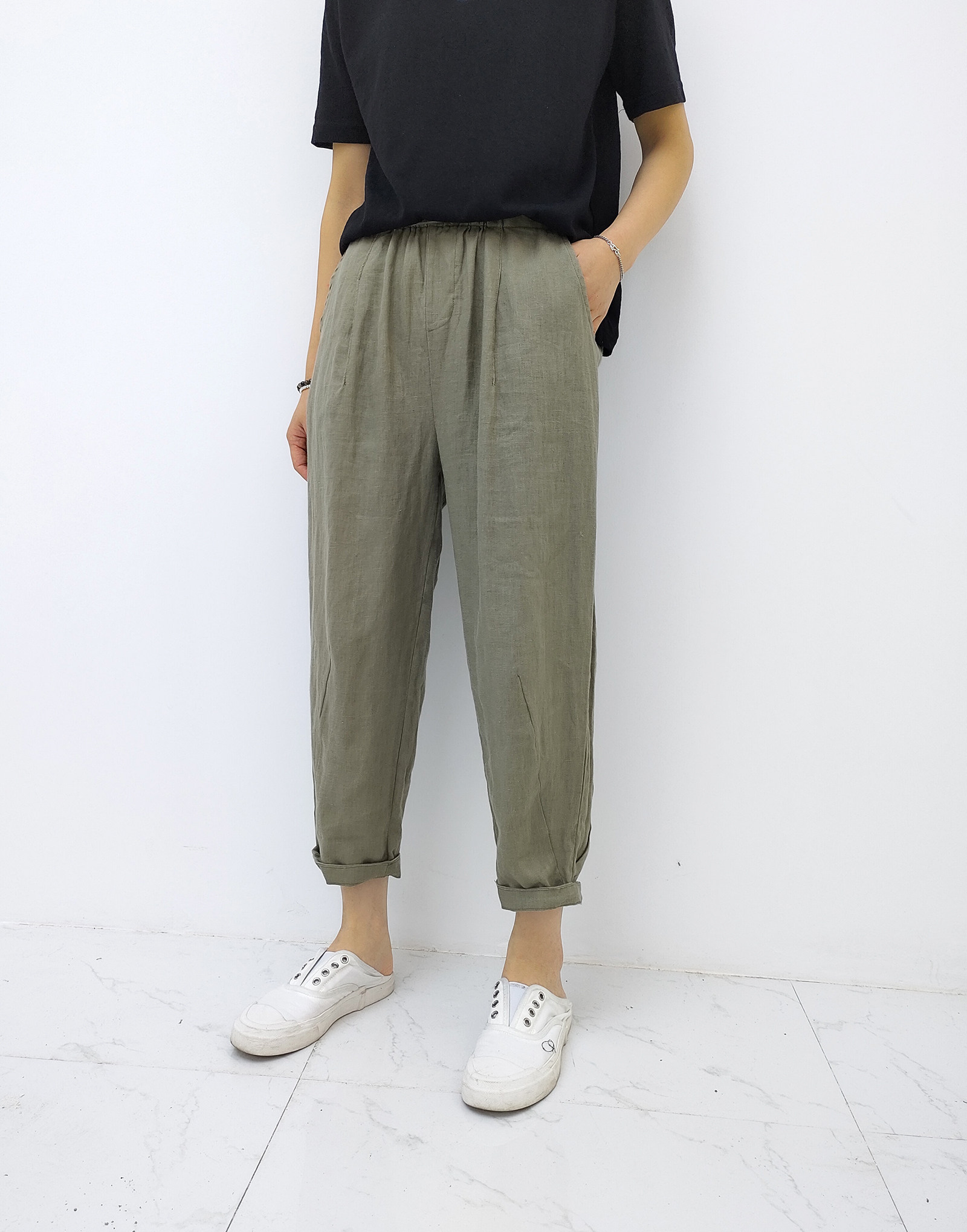 夏季新款  HM-8507韓版簡約時尚壹粒扣松緊腰顯瘦亞麻褲在類目 女裝/女士精品, 褲子, 休閒褲中 - 來自Buy2taobao.com提供專業的淘寶代購服務