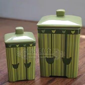 乡村绿色条纹收纳罐储物罐一套2件 美式 摆件 外贸陶瓷 瑕疵特价