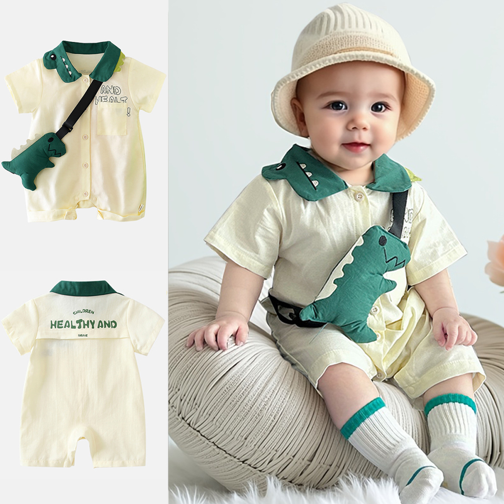婴儿连体衣夏季男宝宝衣服短袖薄款卡通恐龙外出爬服洋气可爱哈衣