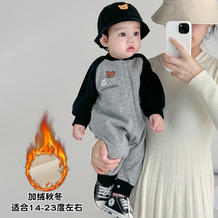 婴儿衣服加绒秋冬款男女宝宝连体衣休闲卡通爬服外出服棒球服哈衣