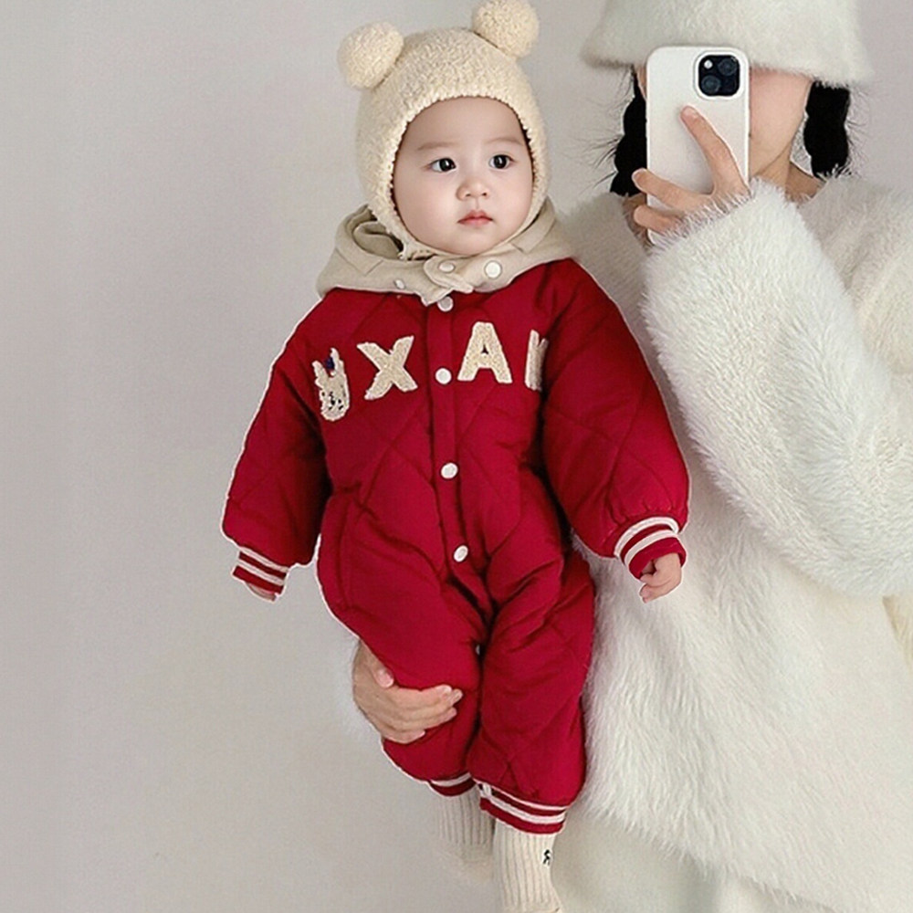 婴儿连帽棒球服秋冬加绒加厚红色