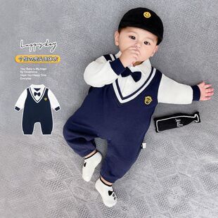 婴儿衣服长袖英伦风春秋装假两件外穿爬服男宝宝连体衣小西装1岁2