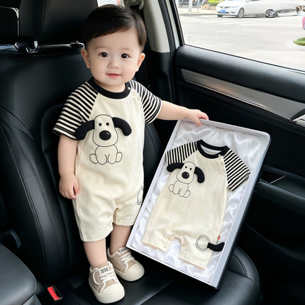 婴儿连体衣夏季新款轻薄条纹小狗哈衣卡通超萌男女宝宝外出爬服夏