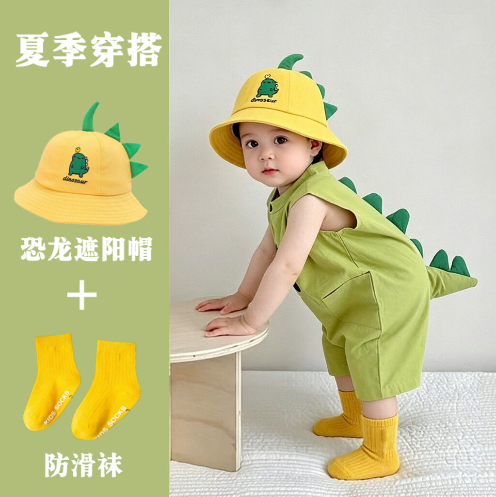 婴儿纯棉连体衣无袖恐龙哈衣夏季薄款男女宝宝衣服卡通外出爬服萌