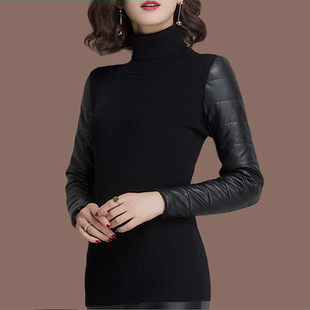皮袖打底衫女内搭配马甲棉袖针织衫加厚高领时尚修身显瘦黑色毛衣