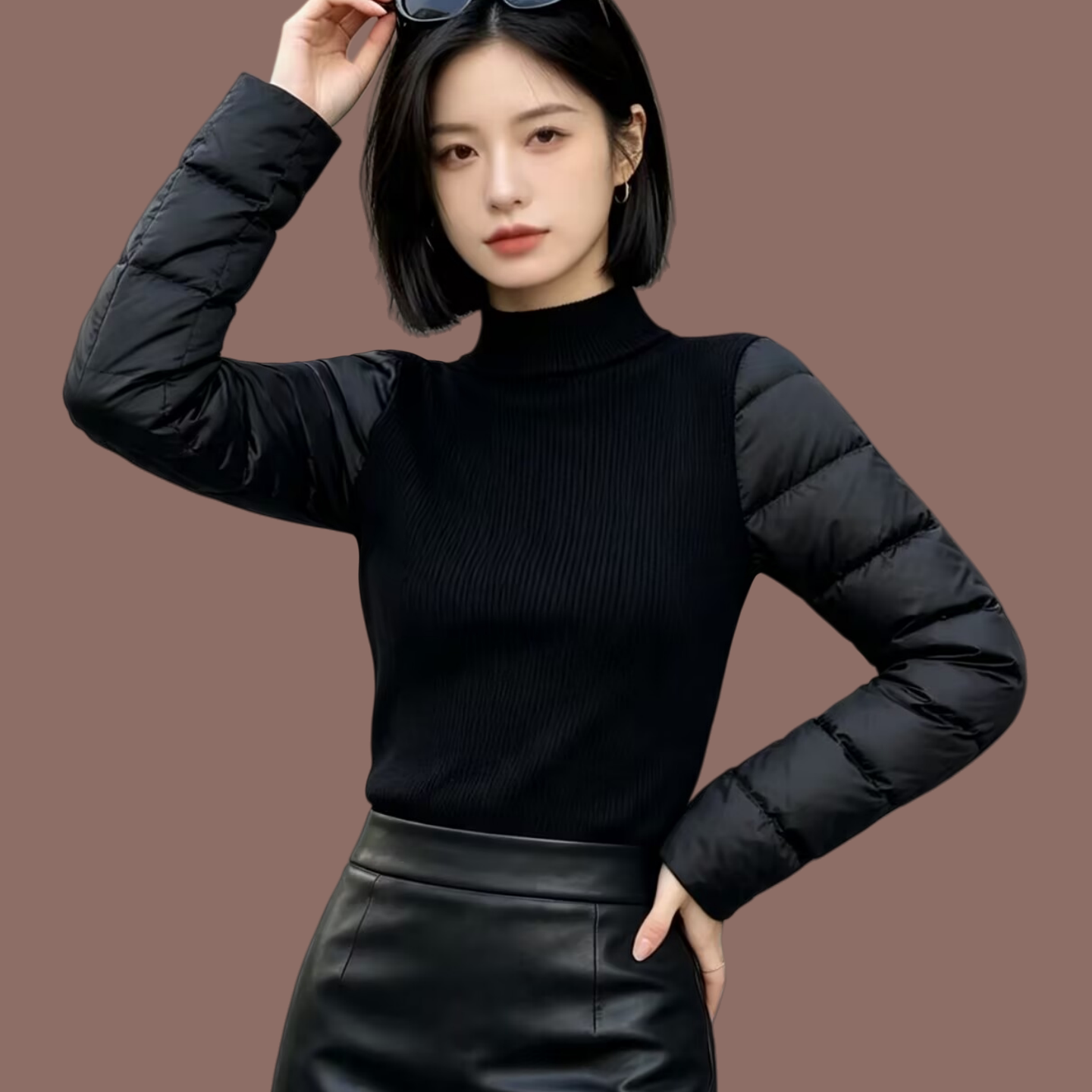 羽绒袖90白鸭绒打底衫女士内搭配皮草马甲的加绒加厚黑色针织毛衣