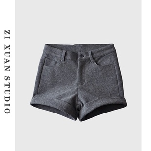 显瘦潮修身 韩版 简约 女卷边休闲外穿靴裤 春秋羊毛呢子高腰短裤