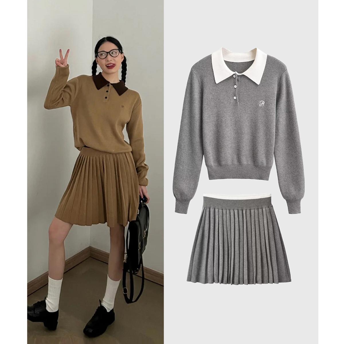 复古美式学院风~秋冬新款针织休闲套装女polo领毛衣百褶裙两件套