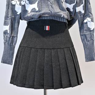 现货TB学院风羊毛呢百褶裙女2026秋冬小个子高腰显瘦A字半身短裙