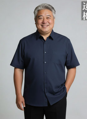 中老年人胖子爸爸夏季男装加肥加大码短袖衬衣宽松透气棉麻口袋6x