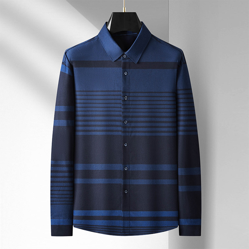 中老年人长辈加肥加大码长袖衬衫春秋季胖子男士男装宽松条纹衬衣