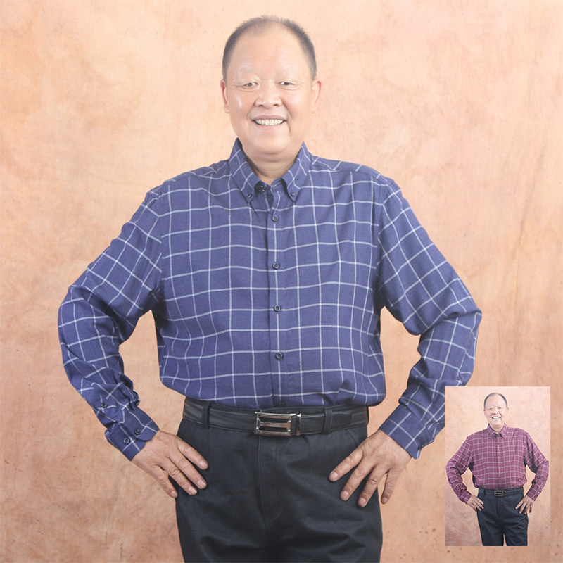 中老年人爸爸肥佬加肥加大码长袖衬衫春秋季男装宽松格纹衬衣磨毛