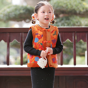 叙罗女童新中式马甲对襟外套冬季中国风背心宝宝唐装儿童拜年服