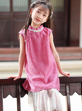 叙罗女童旗袍改良款儿童新中式蕾丝假两件连衣裙女孩夏季古风长裙