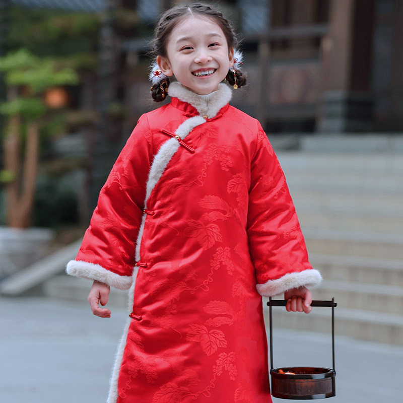 叙罗女童拜年服中国风红色喜庆中式礼服儿童旗袍长款过膝新年裙子