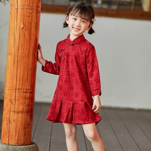儿童旗袍2025春秋季新款长袖红色中国风连衣裙女童礼服蕾丝公主裙